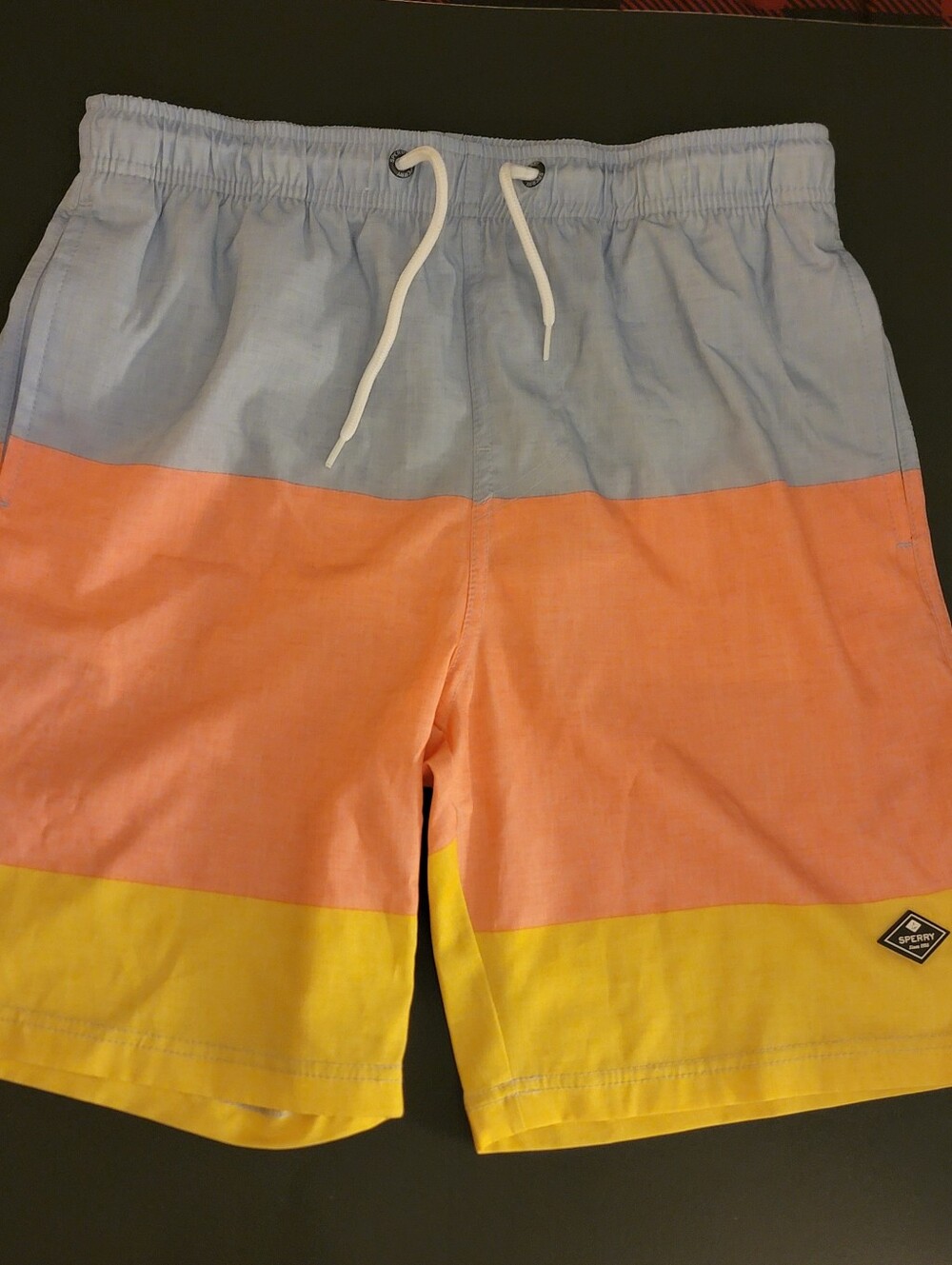 Sperry Colorblock Swim Shorts in Light Blue, Coral & Yellow